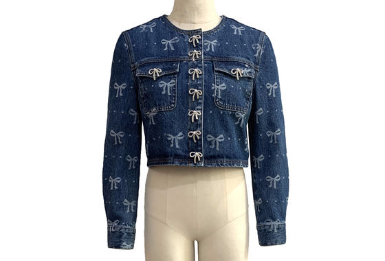 All Over Bow Print Şık Jean Ceket Oyuncu ve Kadınlık Görünümlü Ceket