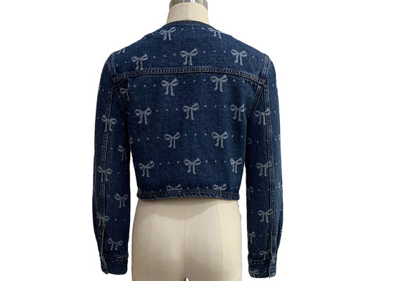 All Over Bow Print Şık Jean Ceket Oyuncu ve Kadınlık Görünümlü Ceket