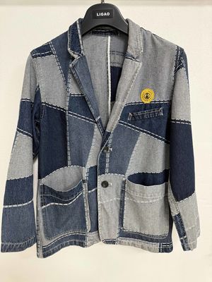 Modern Jacquard Elementi Denim Blazer Cesur ve Şık Bir Görünüm için