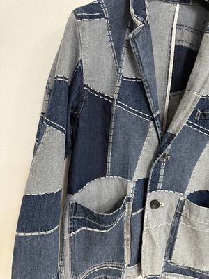 Modern Jacquard Elementi Denim Blazer Cesur ve Şık Bir Görünüm için