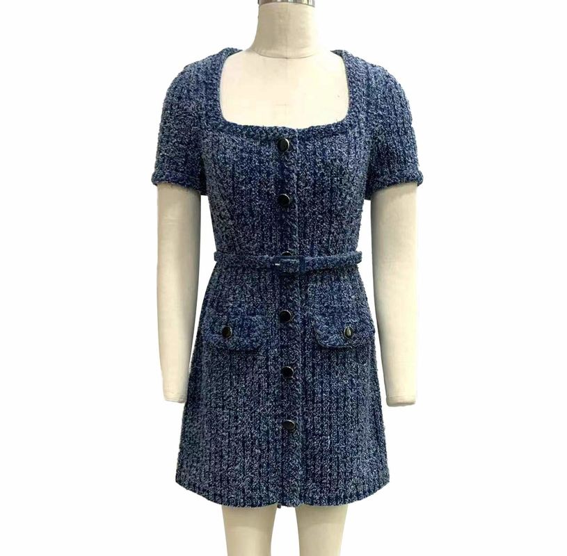 Teksturlu Tweed örgü kumaş kot pantolon elbise şık bir Vintage ilhamlı görünüm için